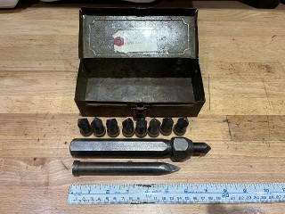 Vintage prospectors chisel set with removeable tips in tin case Vintage prospectors chisel set with removeable tips in tin case